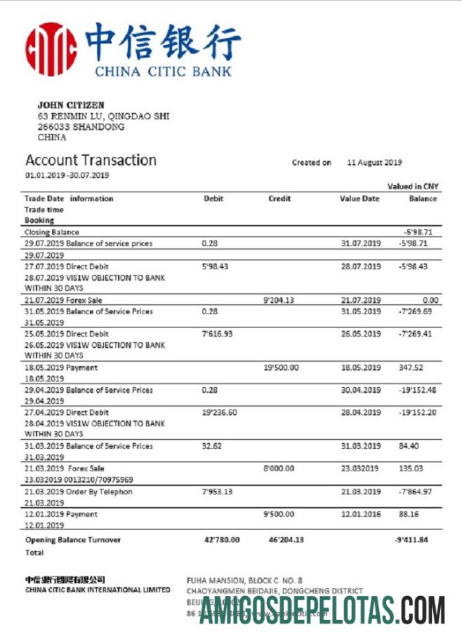 Exemplo de extrato bancário do China Citic Bank Corp